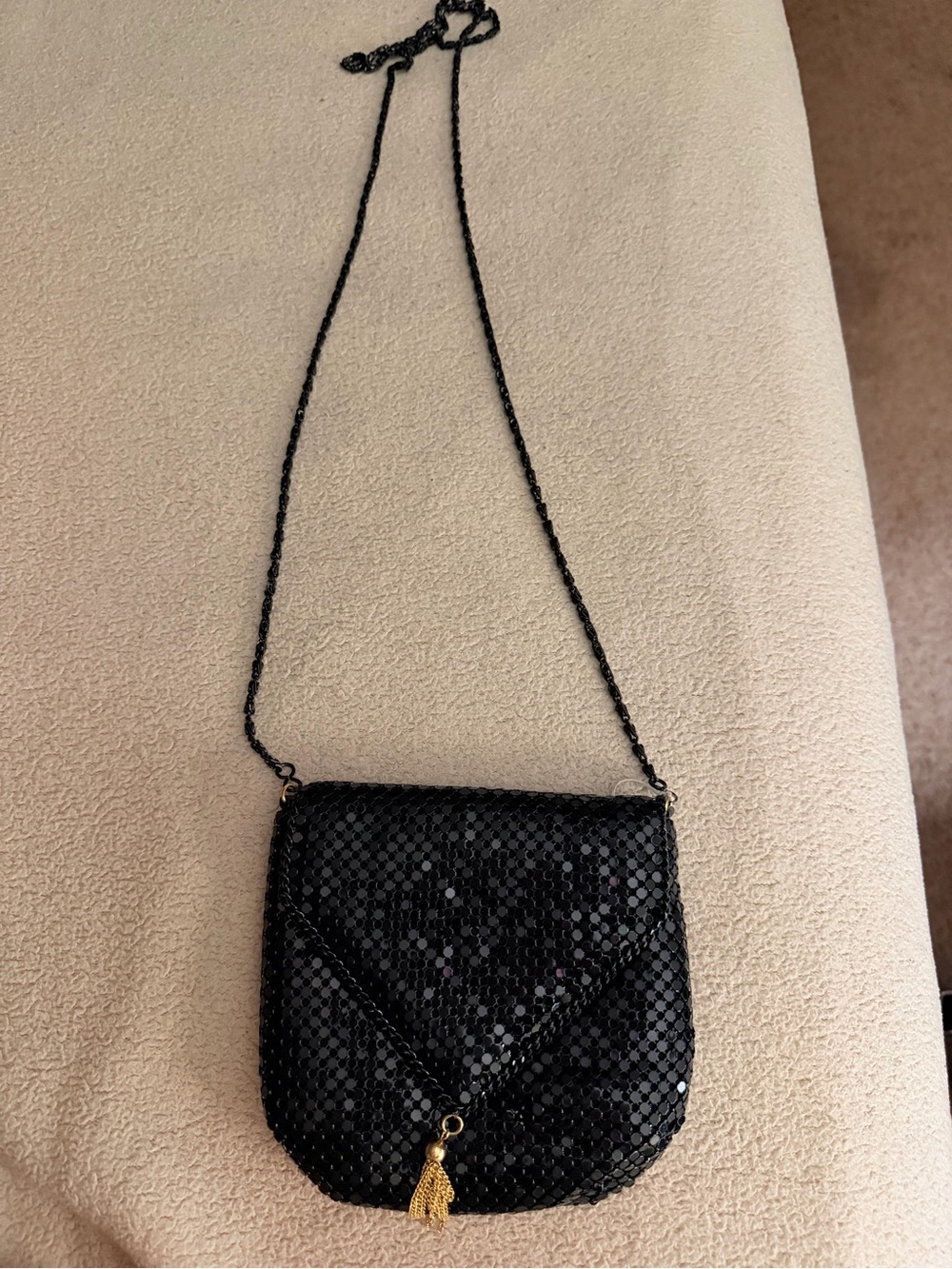 Black Sequin Crossbody with Gold Tassel Accent